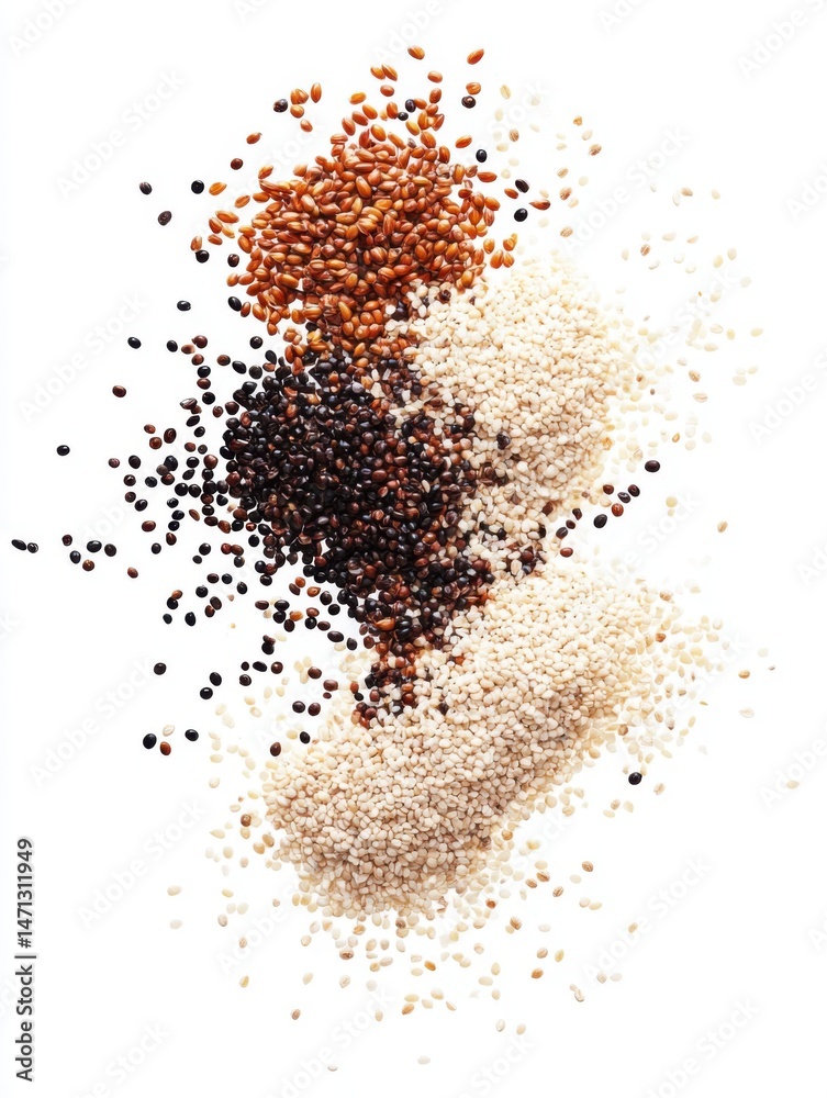 Assorted Quinoa Seed Piles Overhead Shot on White Background for Food Photography and Healthy Eating Concepts Assorted Quinoa Seed Piles Overhead Shot on White Background for Food Photography and Healthy Eating Concepts