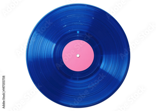Blue vinyl record with pink label, isolated on transparent background, music, retro, vintage.