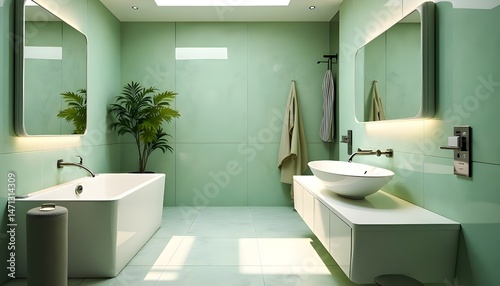a refreshing and monochromatic bathroom bathed in a soft, pastel green hue, 