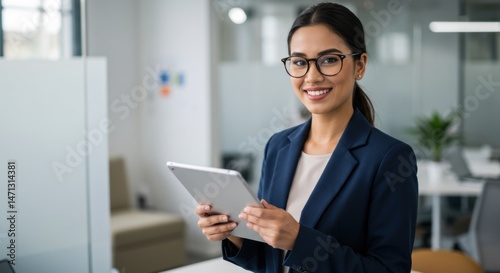 Confident businesswoman using tablet in modern office