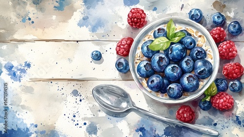 Watercolor illustration of fresh berries and oatmeal.