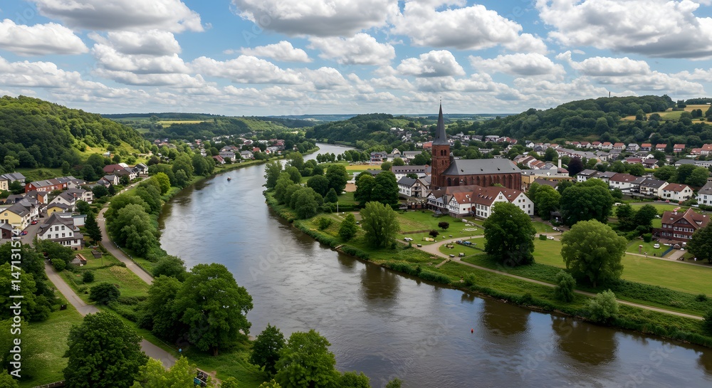 Obraz premium River Flowing Through Valley Town with Church and Lush Greenery