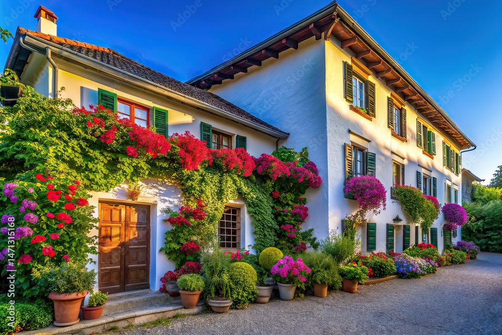 Obraz premium Historic White Building, Blue Sky, Lush Greenery, Architectural Elegance