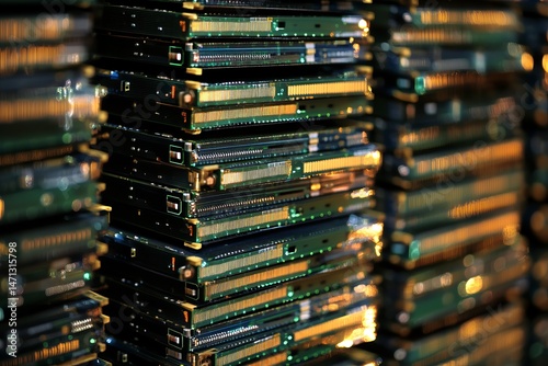 Stack of Modern Computer Microchips with Green PCB and Gold Connectors for High-Tech Electronics Production