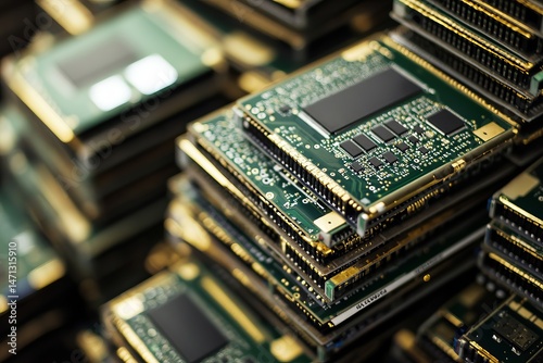 Stack of Modern Computer Microchips with Green PCB and Gold Connectors for High-Tech Electronics Production