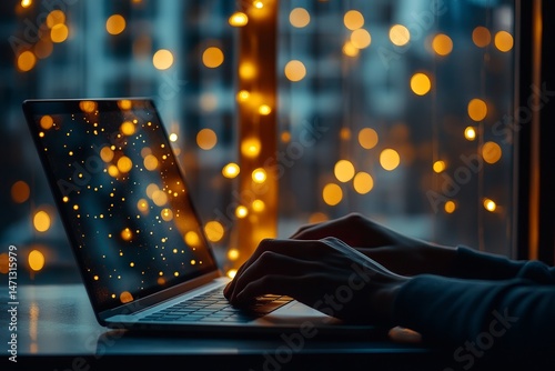 Holiday Season Work from Home with Warm Festive Lights and Laptop Screen Sparkles photo