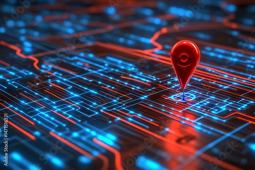 Digital Location Pin on Futuristic Circuit Board Map with Glowing Navigation Paths