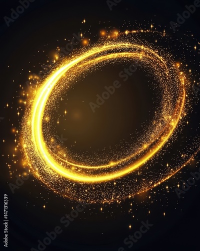 Golden light trail swirls in a dynamic abstract composition on a dark background creating a magical and ethereal effect with sparkling particles