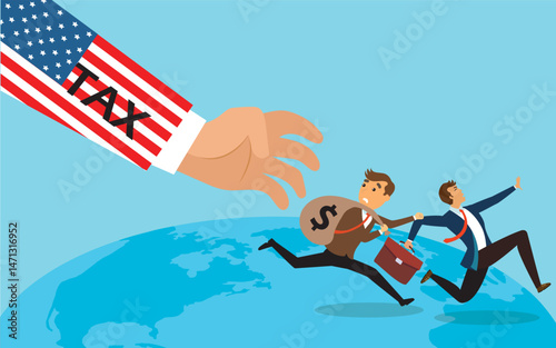 businessman running away from america tax of impact all the world. vector illustration