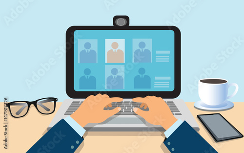 businessman talking to his colleagues about plan in video conference. Multiethnic business team using laptop for a online meeting in video call. Group of people smart working from home. vector,