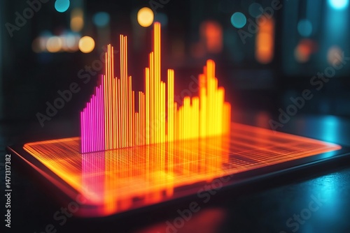Holographic Neon Bar Chart Display on Digital Tablet Interface in Dark Futuristic Environment