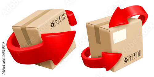 Cardboard delivery box or parcel with red arrow spinning around. Return parcel to sender, exchange of goods, symbol of recyclable material of box. Logistic, delivery concept. Vector illustration