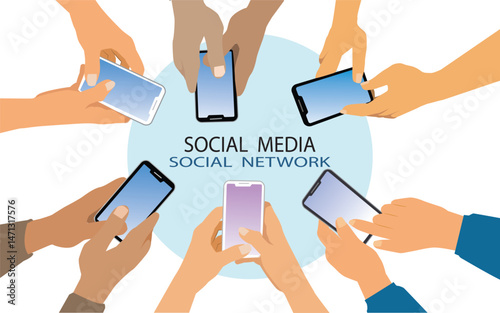 Group of friends having fun together with smartphone  Vector Flat style of hands social networking with mobile cellphones  Wifi connected people in bar Technology and phone addiction concept 