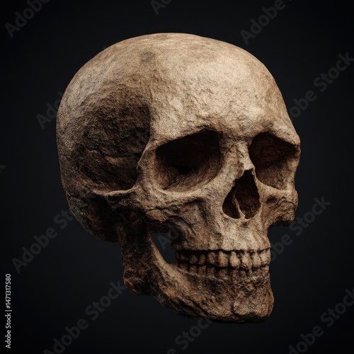 Human skull close up studio shot dark background anatomical study skeletal structure cranium bone texture macabre death mortality anatomy