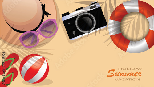 Flat lay traveler accessories on yellow background with blank space for text. Top view travel or vacation concept. Summer background.holiday concept