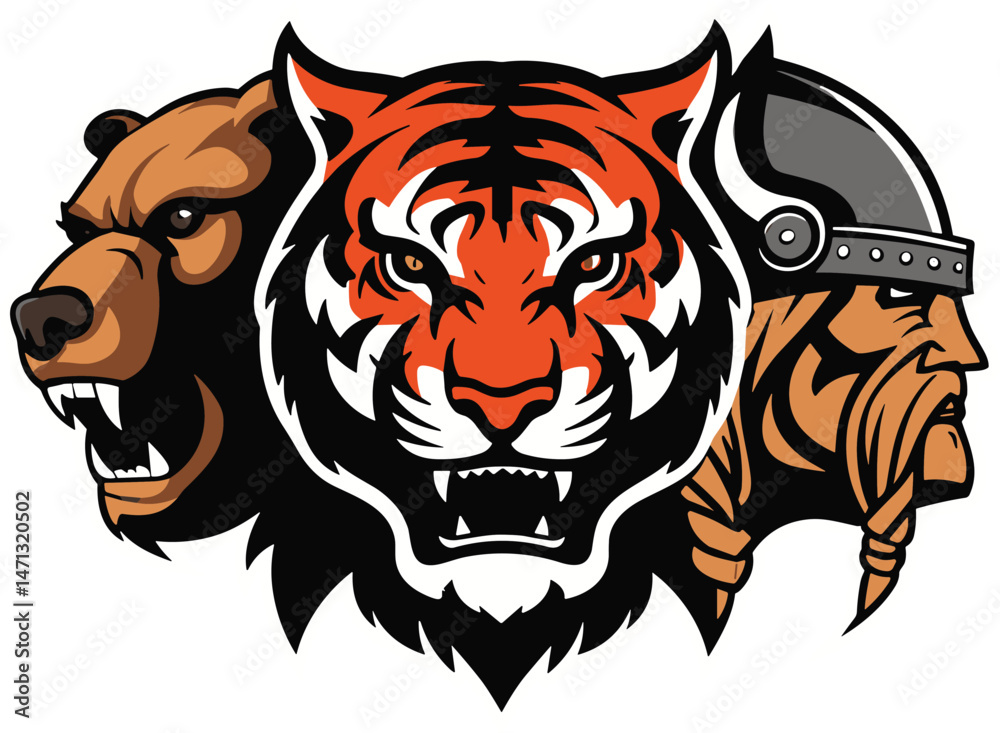 Obraz premium Tiger, Bear, and Viking Warrior Mascot Heads – Animal and Norse Hero Vector Logo Illustration