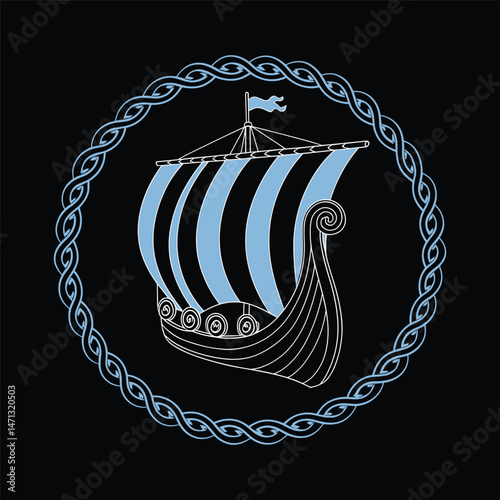iking Longship with Nordic Knot Frame – Ancient Norse Sailing Ship Vector Illustration