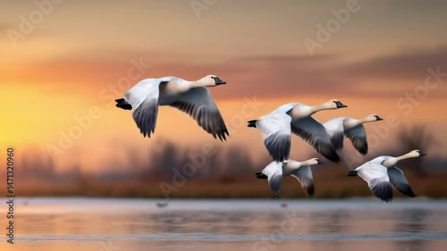 a flock of five snow geese flying in formation against a stunning sunset. Their white plumage is highlighted by the warm, golden light. The geese are flying over a lake.