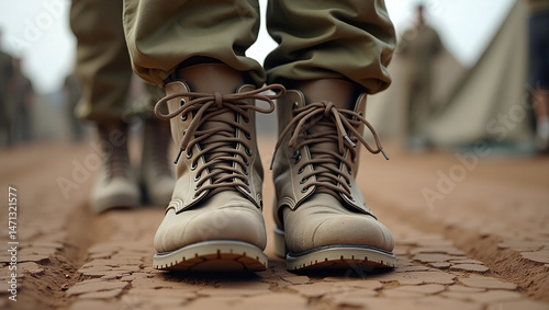 Close-up of boots of Soldiers Marching Walking in Military Camp, Army defense, mobilization and conscription, Brown camouflage