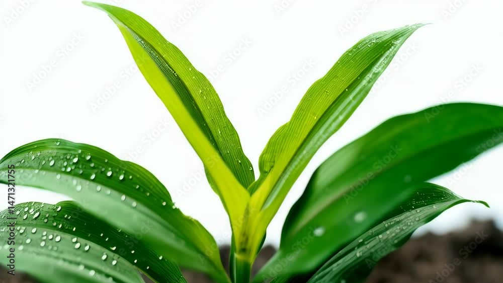 Isolated sapling growing in dark soil with moisture droplets on green leaves against a clean, simple white backdrop Isolated sapling growing in dark soil with moisture droplets on green leaves against a clean, simple white backdrop