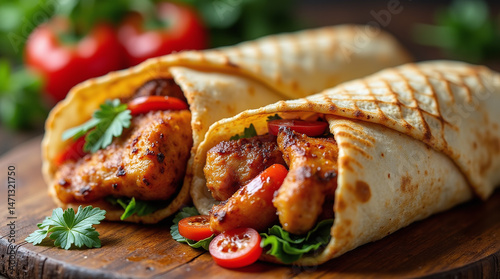 Chicken fajita or shawarma wrap roll, Grilled meat tortilla sandwich