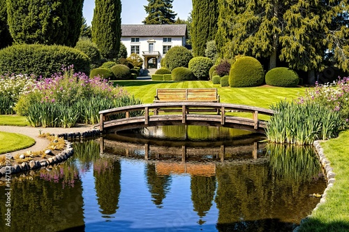 Wooden bridge over pond, surrounded by flowers and trees