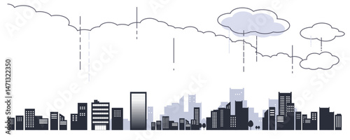 雨降る街並みのシルエットイラスト素材　背景イラスト　都市景観