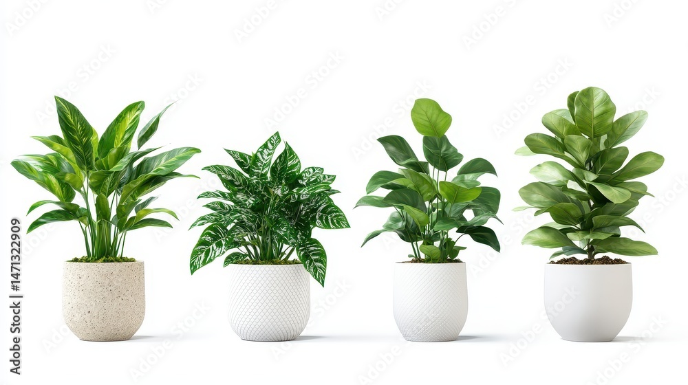 Obraz premium Four Potted Houseplants Arranged in a Row on White Background Studio Shot Interior Decorating Idea Design Element
