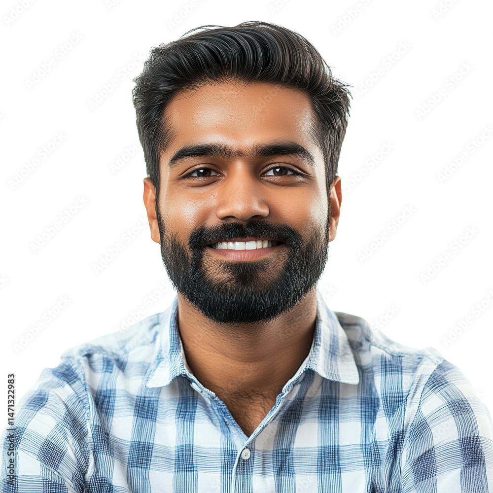 Obraz premium A set of portrait shots of an attractive Indian male in his 30s with a groomed beard, isolated on a transparent background