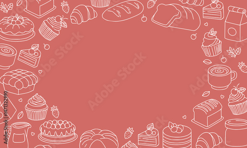 Cake and bakery doodle hand drawn background. Peach background with doodles frame