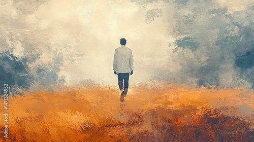 Man Walking Away into Sunset Autumn Field Solitude Journey Hope Peaceful Abstract Art Painting Digital Artwork Nature
