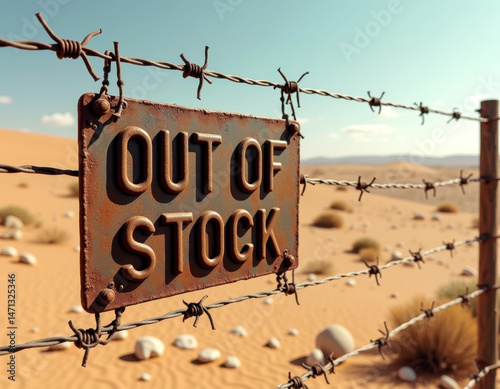 Out of stock sign on barbed wire fence in desert landscape for scarcity concept