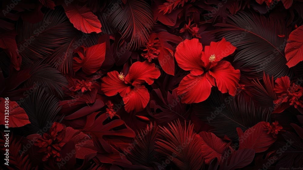 Vibrant red hibiscus flowers and tropical leaves create a dramatic, elegant floral pattern on a dark background.