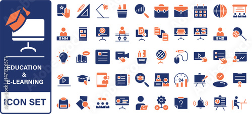 E-learning and education icon set. Online Education icon collection. Distance learning. Video tuition, online course, audio course, digital education, educational website and more.