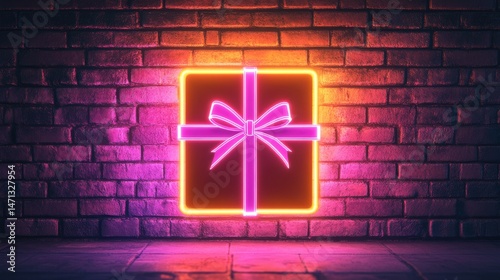 Bright neon gift box against brick wall in colorful lighting