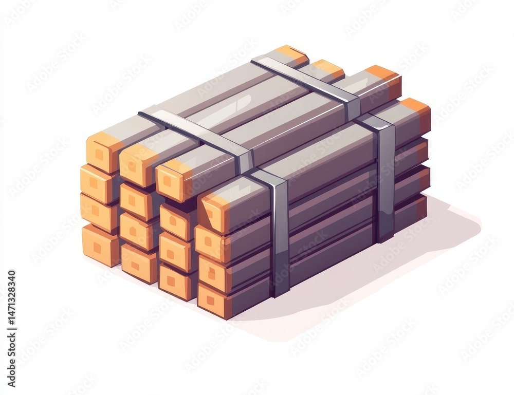 Naklejka premium Stacked square metal bars, bundled and ready for transport