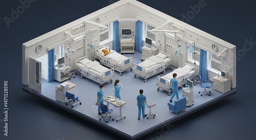 Isometric Illustration of a Modern Hospital Ward with Medical Staff and Patients