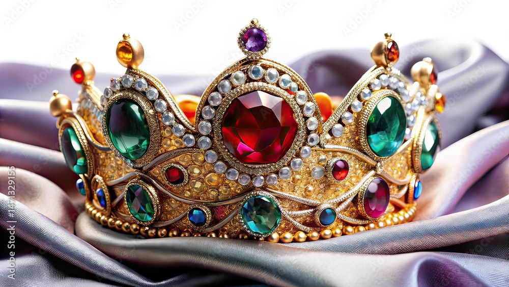 Jewel-Encrusted Crown on Vibrant Fabric, Golden Background