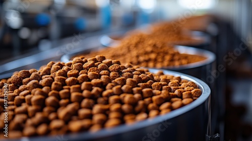 Close up view of pet food kibble in industrial storage bins
