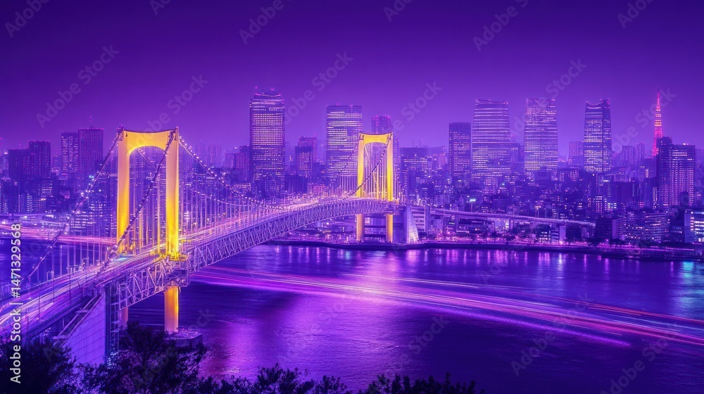Obraz premium Night cityscape, vibrant hues, bridge