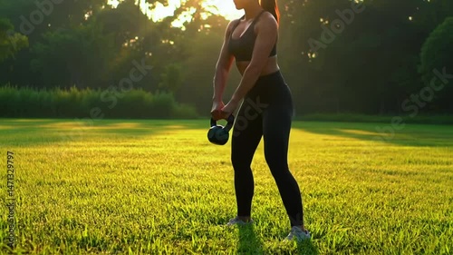 Kettlebell workout tutorial for women: outdoor fitness training and exercise routine for strength building