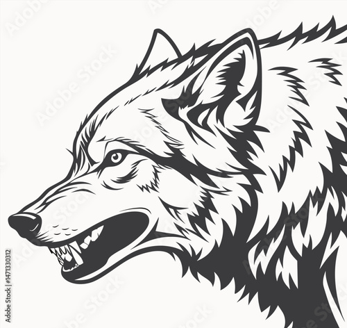 Snarling Wolf Head in Profile Black and White