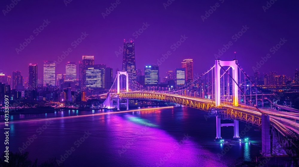 Naklejka premium Night cityscape, illuminated bridge