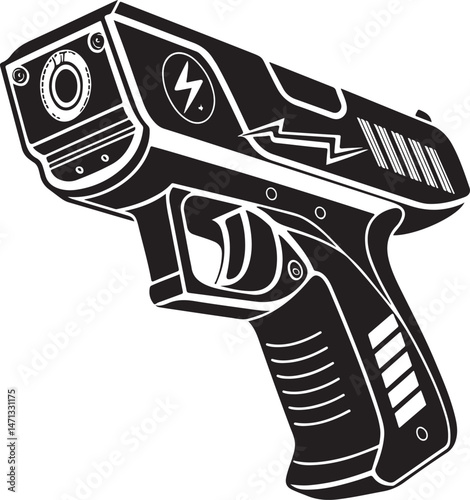 Taser Weapon Black and White Vector Illustration, Sketch Drawing Line Linear Symbol Icon Engraving, Hand-drawn Isolated
