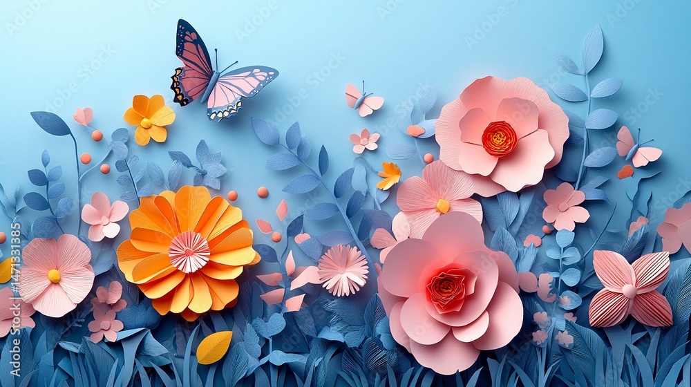 Playful floral and butterfly paper craft composition in modern pastel tones Playful floral and butterfly paper craft composition in modern pastel tones