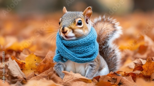 Squirrel with Scarf in Autumn Leaves