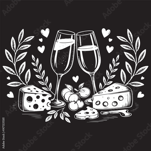 chalk food illustrations, wedding dinner icons, wine or champagne glass, cheese, and charcuterie drawings 
for wedding invitations, cafe menus, and parties.
