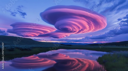 Lenticular Clouds Sunset Reflection.