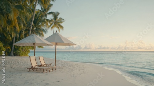 Tropical beach scene with two beach chairs and umbrellas on a pristine shore bathed in soft light.jpeg