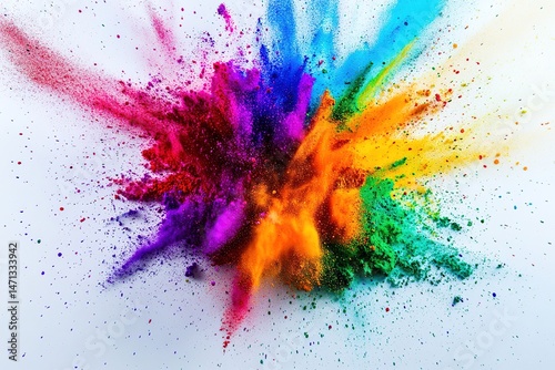 A smooth, white canvas with a splash of bright Holi powder at its center, the colors blending into an artistic pattern